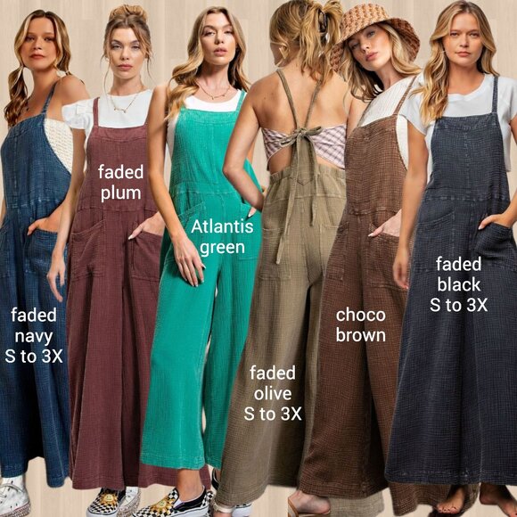 EASEL "Here I Am" Mineral Washed Wide Leg Jumpsuit Adjustable Tie Straps Pockets - Picture 15 of 16